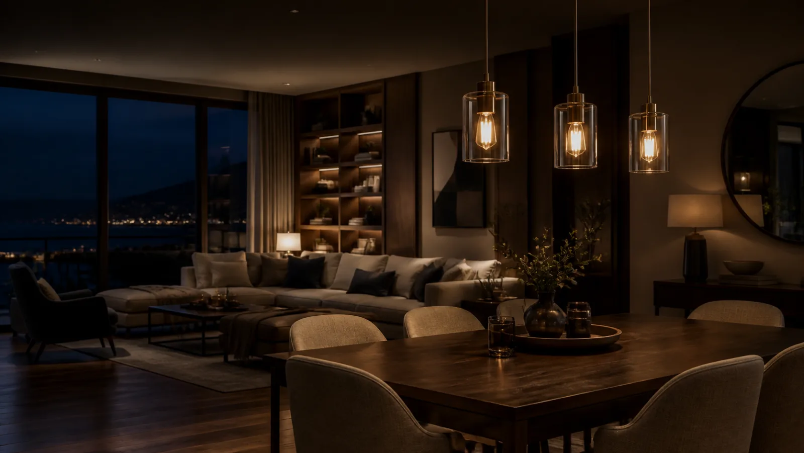 Warm pendant lights over a table in a calm interior